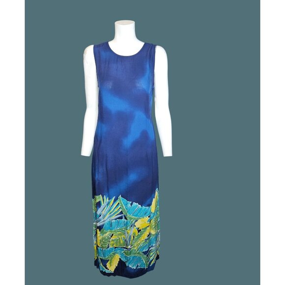 Darian Vintage Tropical Blue Sleeveless Dress Banana Leaf Print Waist Tie Size 6 - Picture 1 of 9
